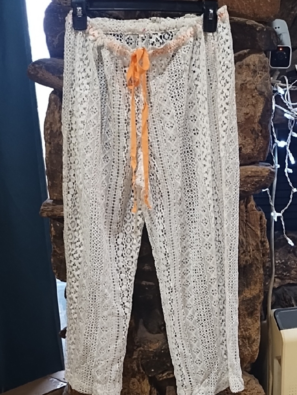 No Label Off White Embroidered Cropped Beach Pants with Peach Tie
